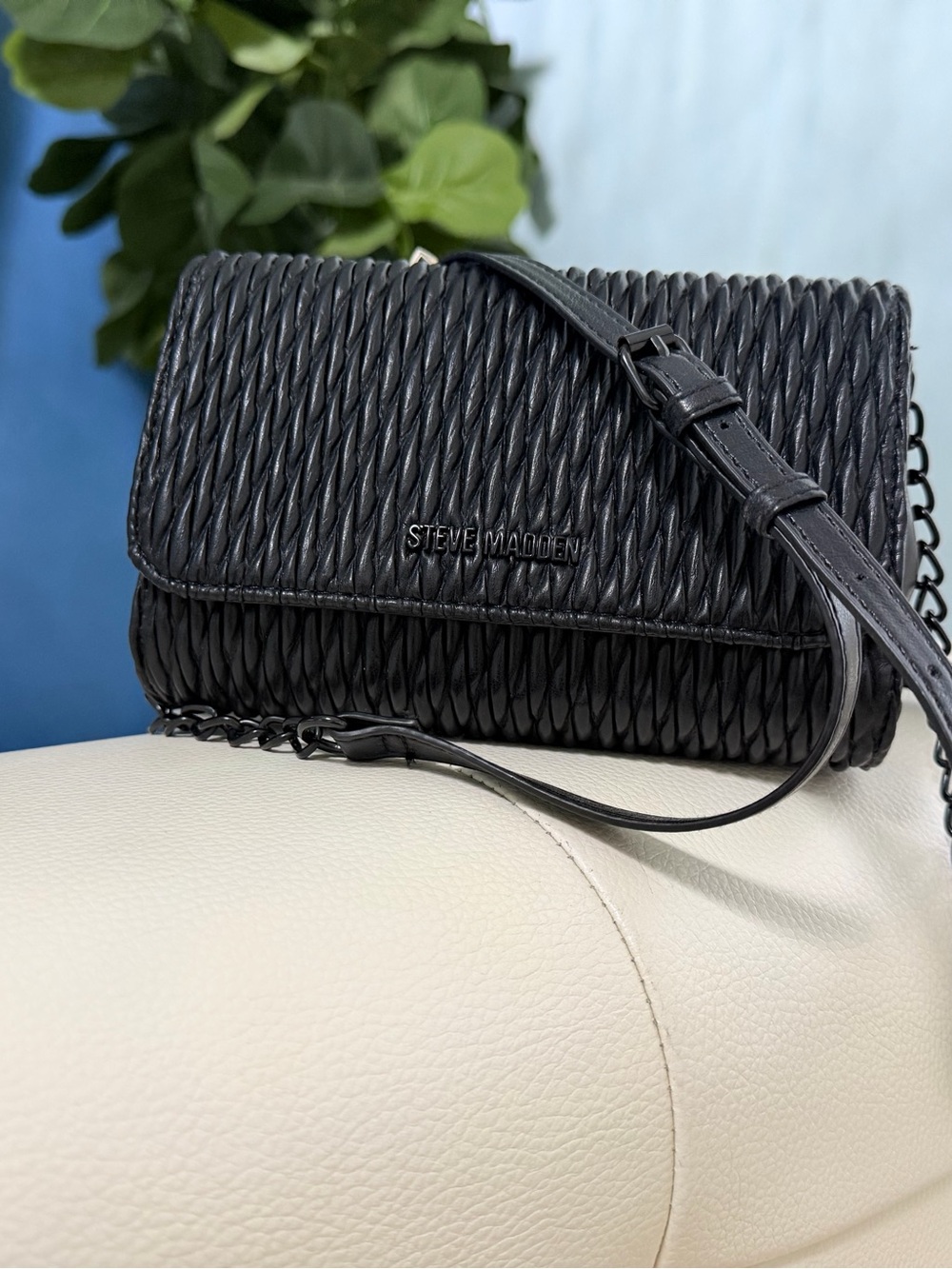 Steve Madden Black Woven-Texture Crossbody Bag with Chain Strap